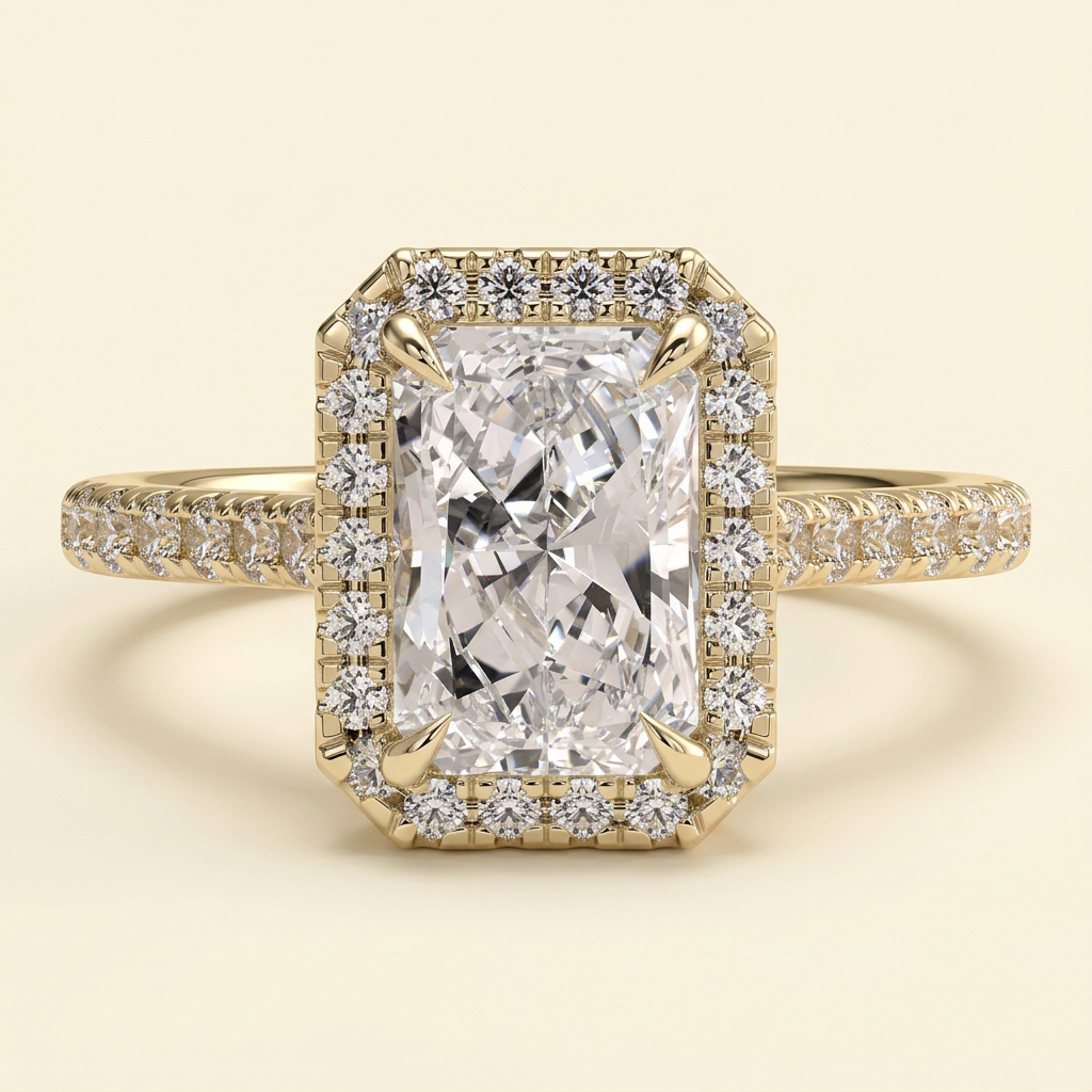 The Lunelle - Radiant Lab Diamond Solitaire with Halo and Pave Band and Cathedral Setting Ring
