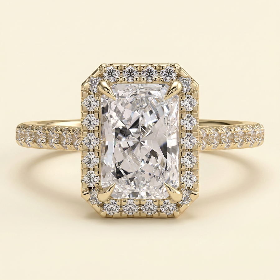 The Lunelle - Radiant Lab Diamond Solitaire with Halo and Pave Band and Cathedral Setting Ring - Yellow Gold