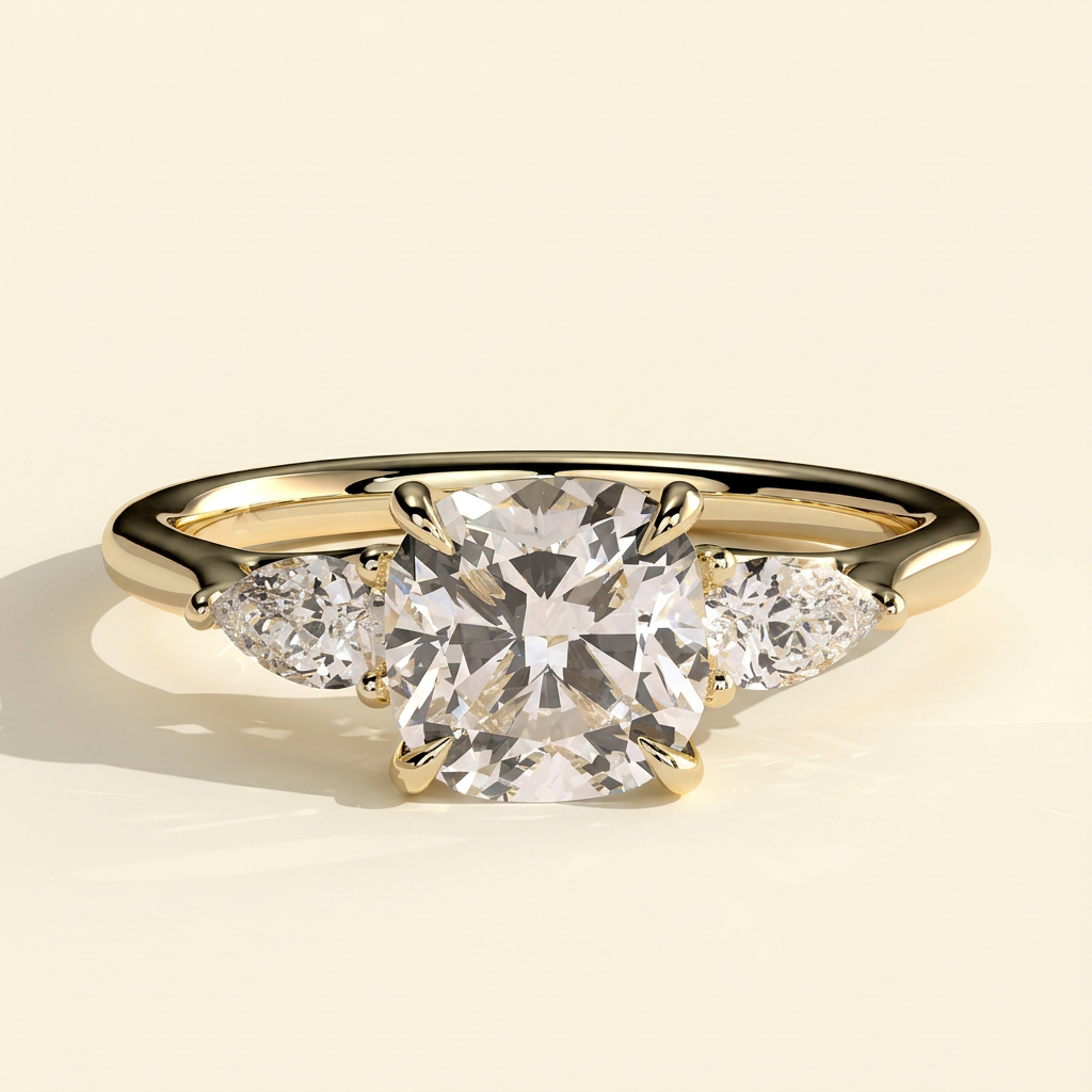 The Leonie - Cushion Cut Lab Grown Diamond Three Stone Engagement Ring with Woven Trellis Setting