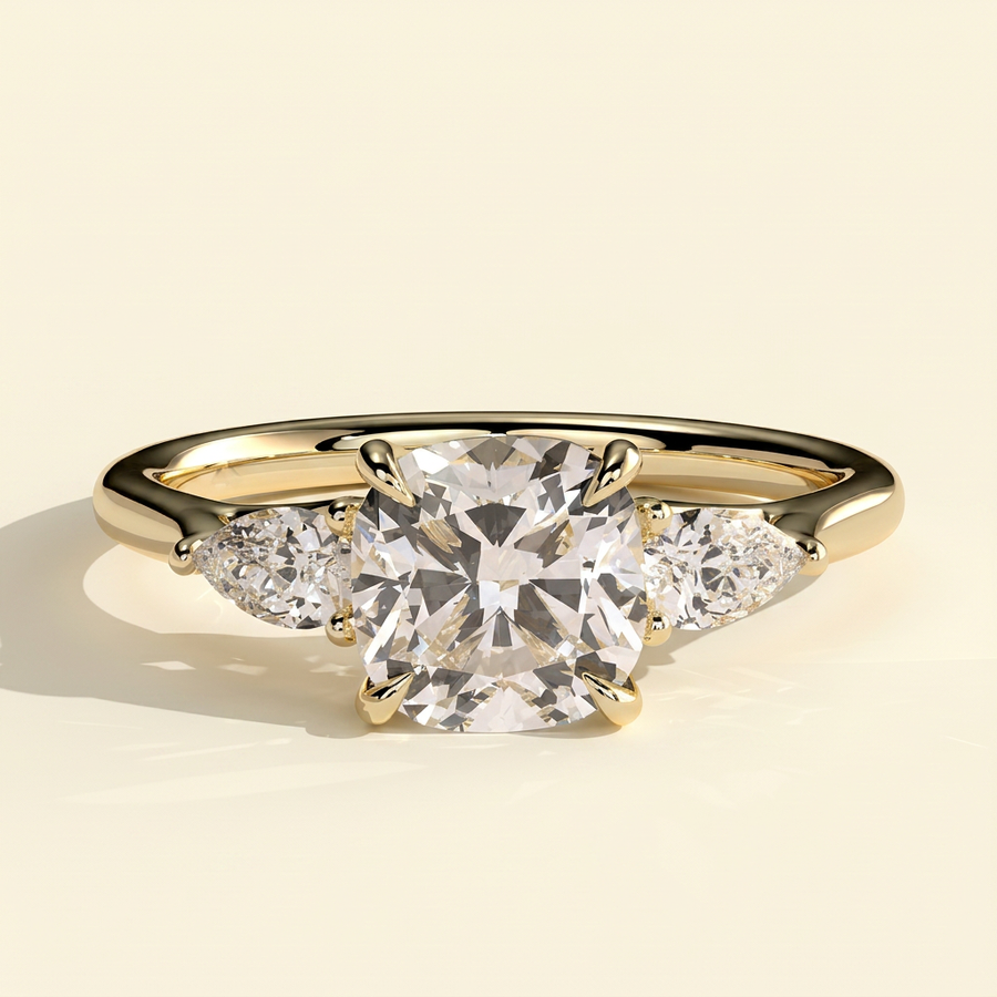The Leonie - Cushion Cut Lab Grown Diamond Three Stone Engagement Ring with Woven Trellis Setting - Yellow Gold