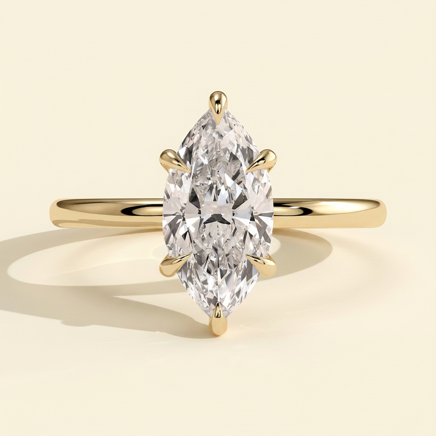 The Istra - Marquise Cut Lab Grown Diamond Six Claw Solitaire with Slim Band Engagement Ring - Yellow Gold