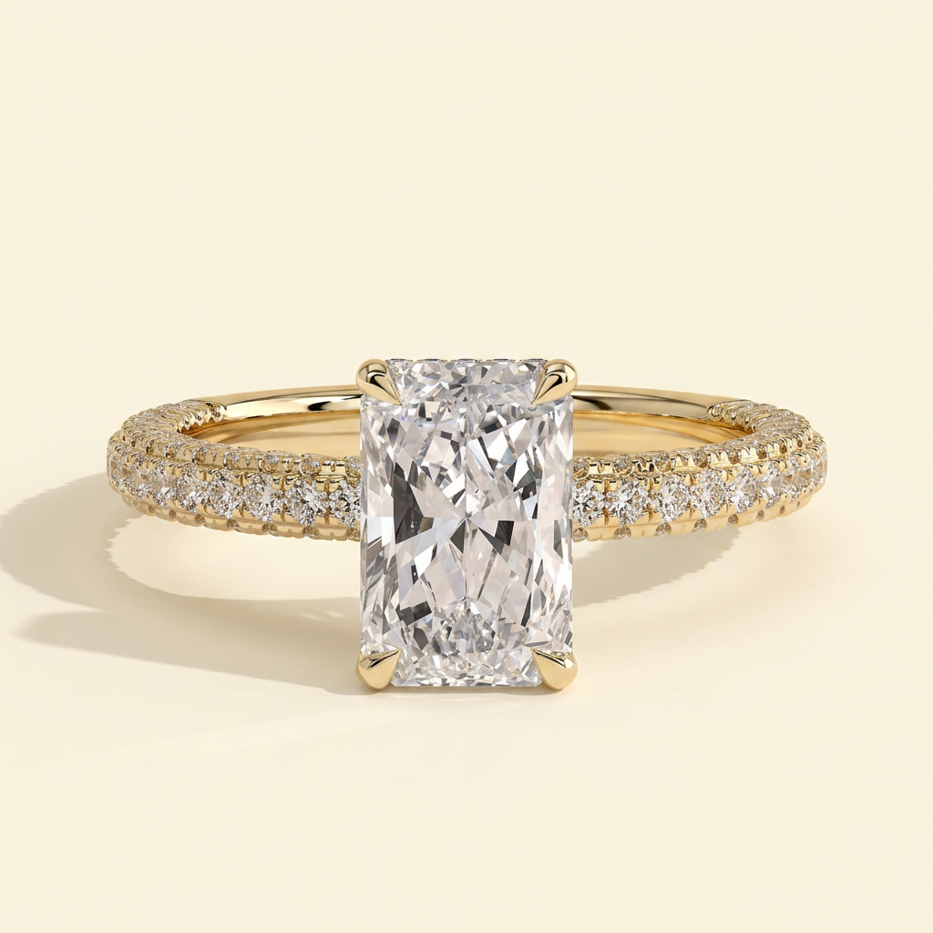 The Maia - Radiant Cut Lab Grown Diamond Hidden Halo Engagement Ring with Triple Pave Band
