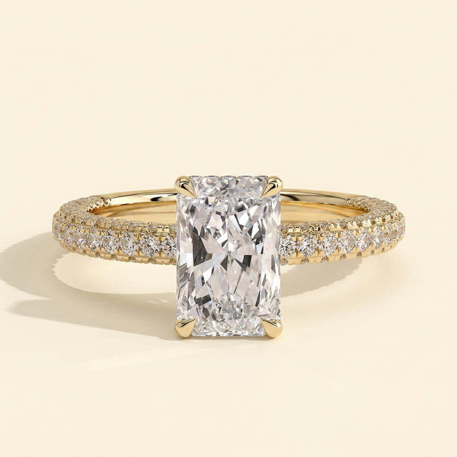The Maia - Radiant Cut Lab Grown Diamond Hidden Halo Engagement Ring with Triple Pave Band - Yellow Gold
