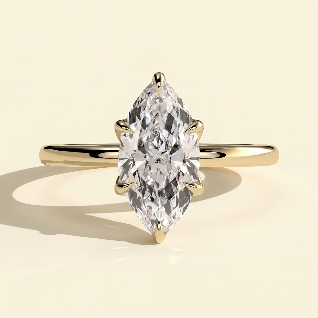 The Urelle - Marquise Cut Lab Grown Diamond Six Claw Solitaire with Petal Gallery and Accent Leaf Detail Engagement Ring