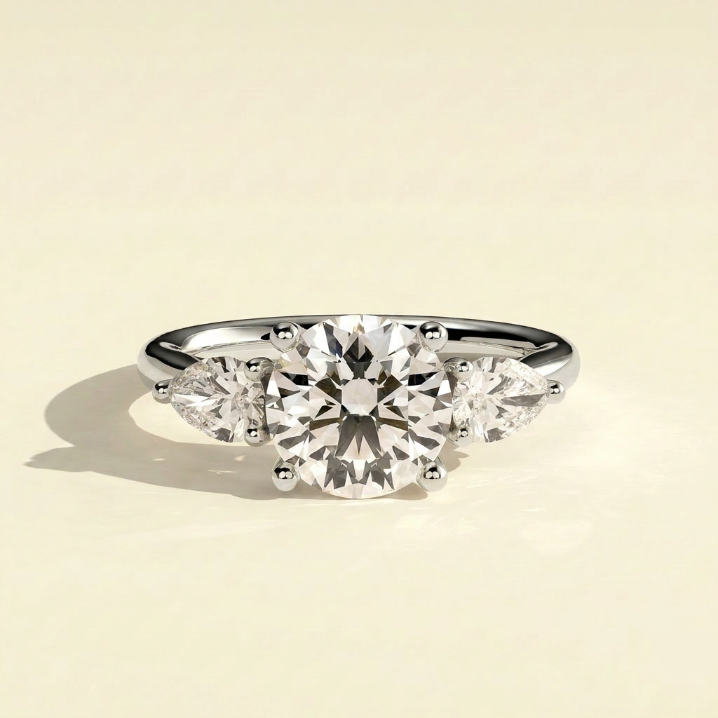 The Amara - Round Lab Grown Diamond Three Stone Ring with Pear Side Stones