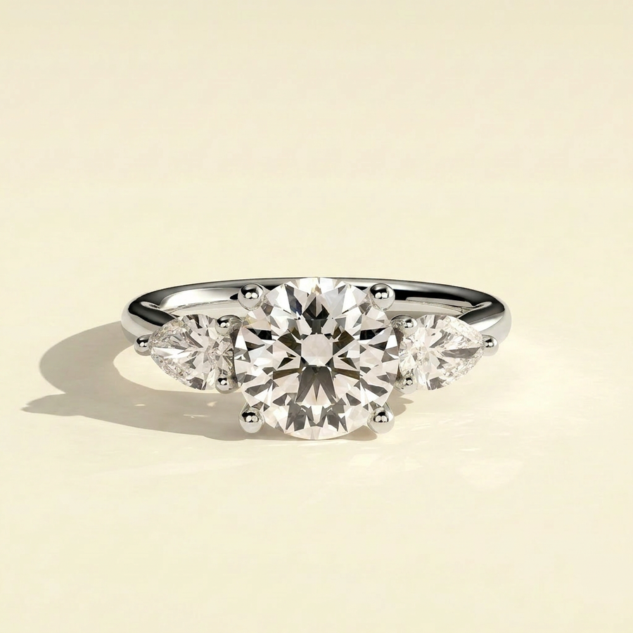The Amara - Round Lab Grown Diamond Three Stone Ring with Pear Side Stones - White Gold