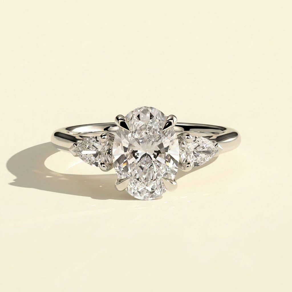 The Nevelle - Oval Lab Grown Diamond Cathedral Trilogy Ring with Pear Sides