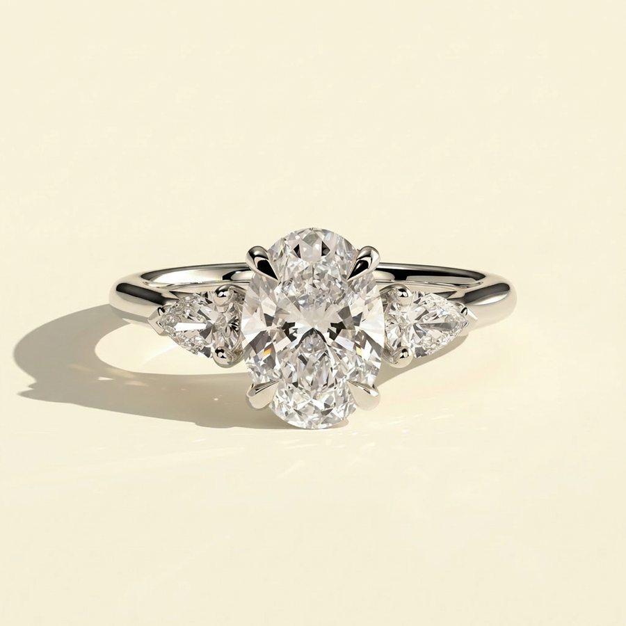 The Nevelle - Oval Lab Grown Diamond Cathedral Trilogy Ring with Pear Sides - White Gold