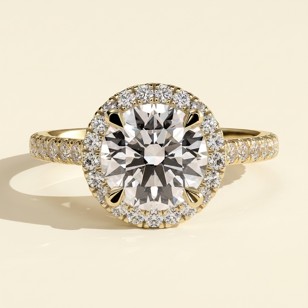 The Stella - Round Cut Lab Grown Diamond Cathedral Halo with Pave Band Engagement Ring