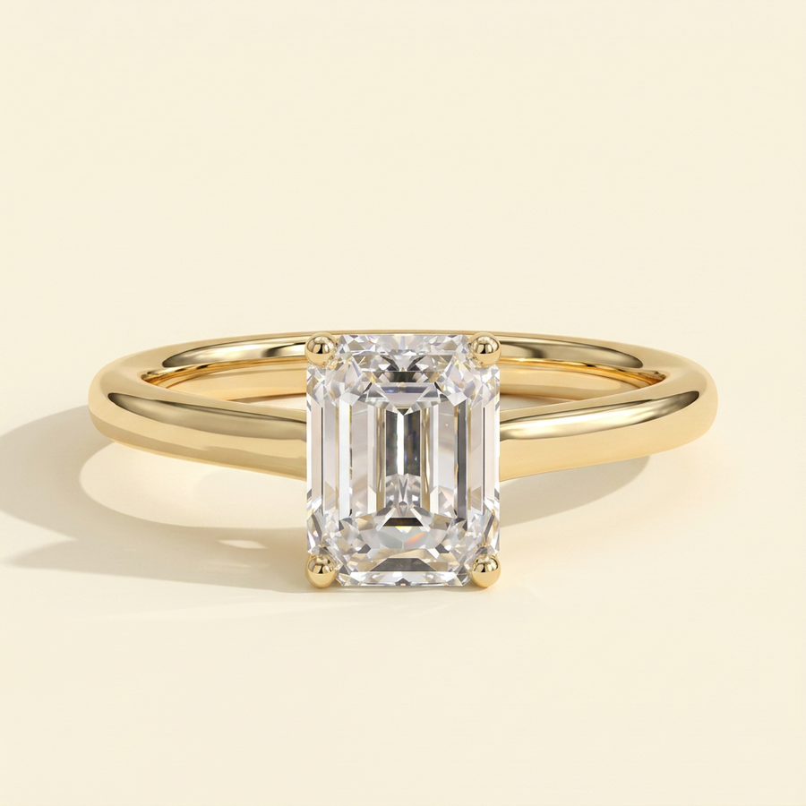 The Delia - Emerald Cut Lab Grown Diamond Four Claw Solitaire with Spiral Gallery Engagement Ring - Yellow Gold