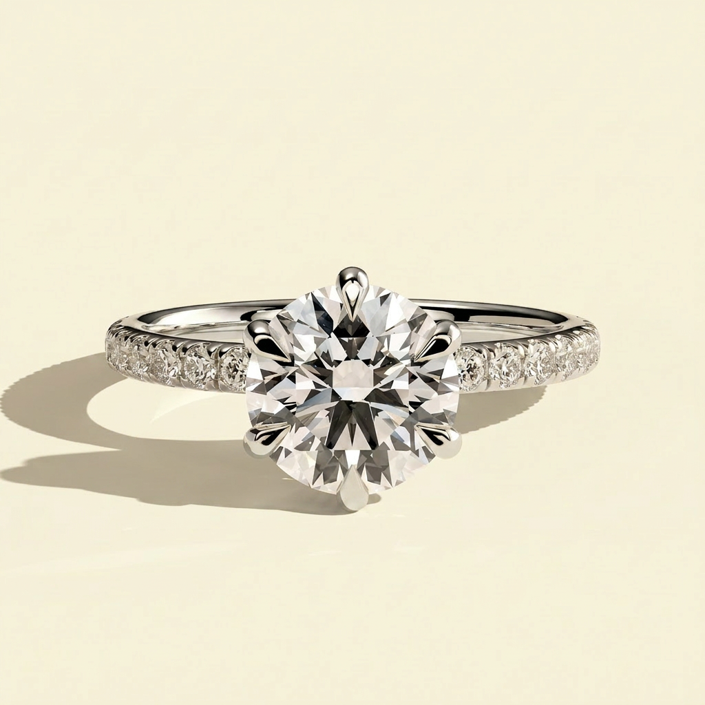 The Jaia - Six Claw Round Lab Grown Diamond Engagement Ring with Pave Band