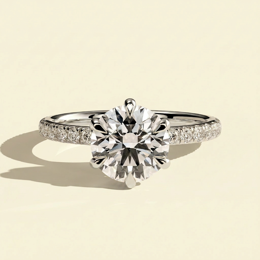 The Jaia - Six Claw Round Lab Grown Diamond Engagement Ring with Pave Band - White Gold