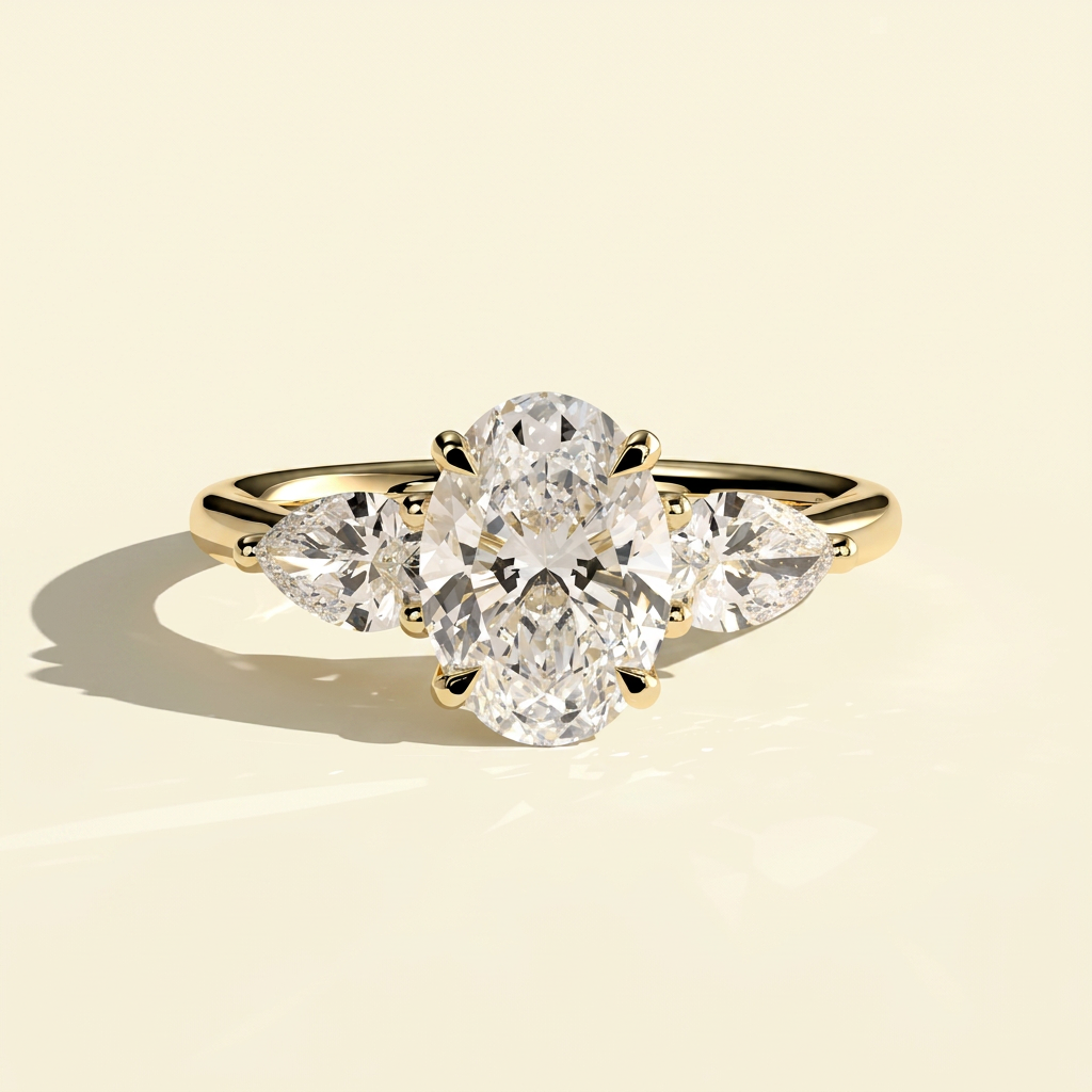 The Ayla - Oval Cut Lab Grown Diamond Three Stone Ring with Pear Side Stones