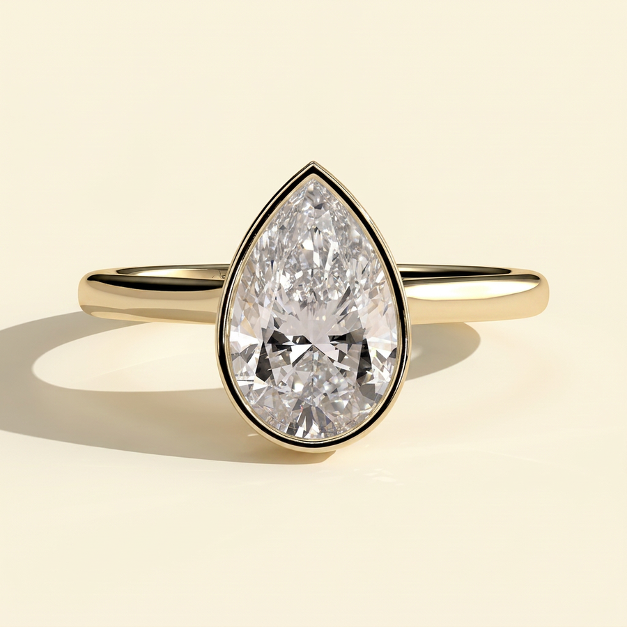 The Viviane - Pear Cut Lab Grown Diamond Deep Bezel Hidden Halo Engagement Ring - Yellow Gold