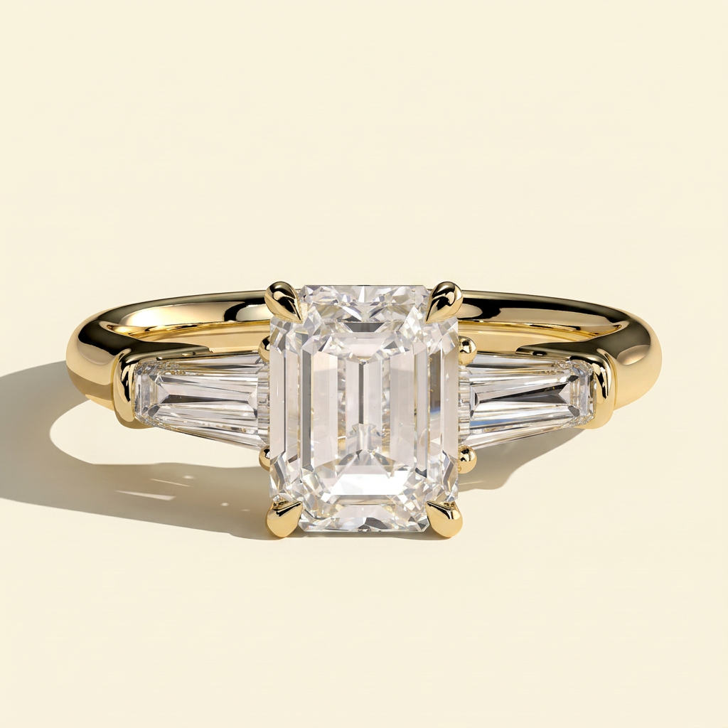 The Liora - Emerald Cut Lab Diamond Three Stone with Tapered Baguette Side Stones Engagement Ring