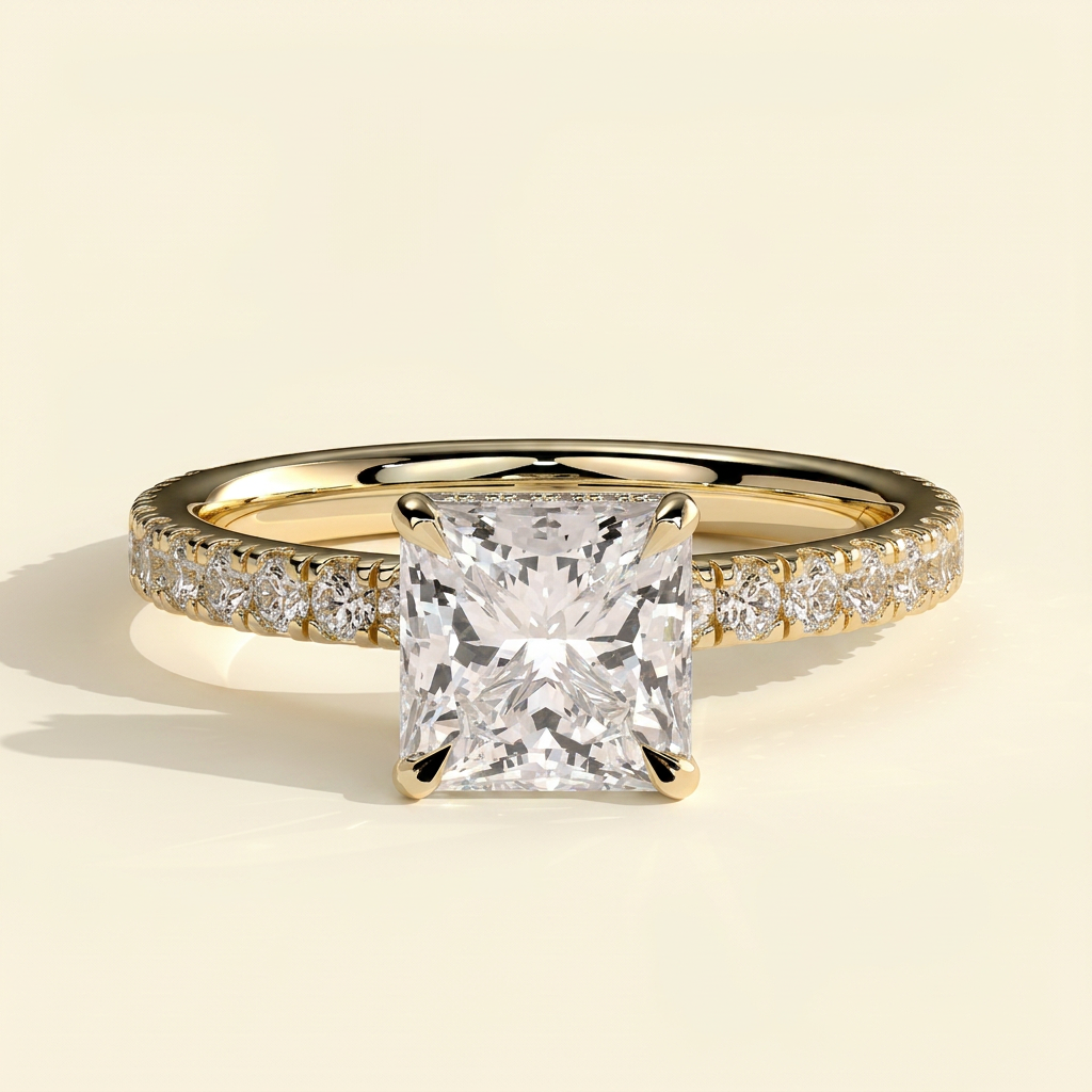 The Estelle - Princess Cut Lab Grown Diamond Solitaire with Wrap Around Hidden Halo Engagement Ring