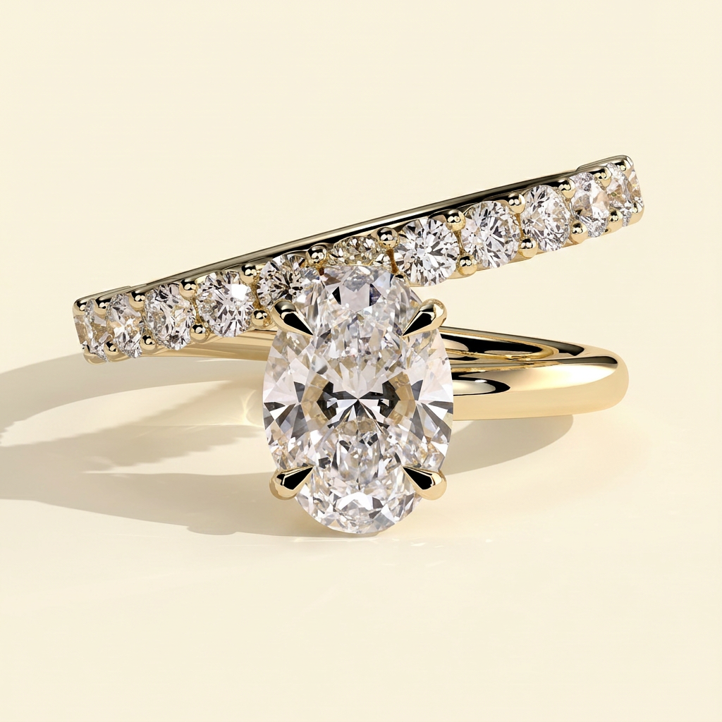 The Veora - Oval Cut Lab Grown Diamond Solitaire with Angled Pave Band and a Half Engagement Ring