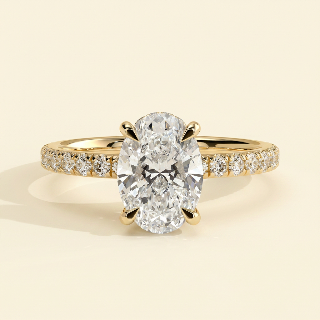 The Solisse - Oval Cut Lab Grown Diamond Hidden Halo Solitaire with Pave Band Engagement Ring