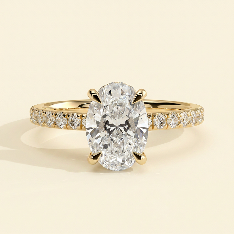 The Solisse - Oval Cut Lab Grown Diamond Hidden Halo Solitaire with Pave Band Engagement Ring - Yellow Gold