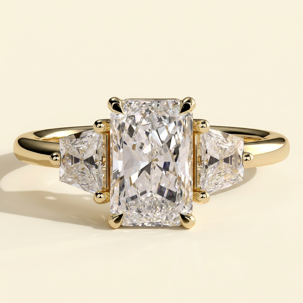 The Celene - Radiant Cut Lab Grown Diamond Trilogy with Trapezoid Side Stones in Low Setting Engagement Ring