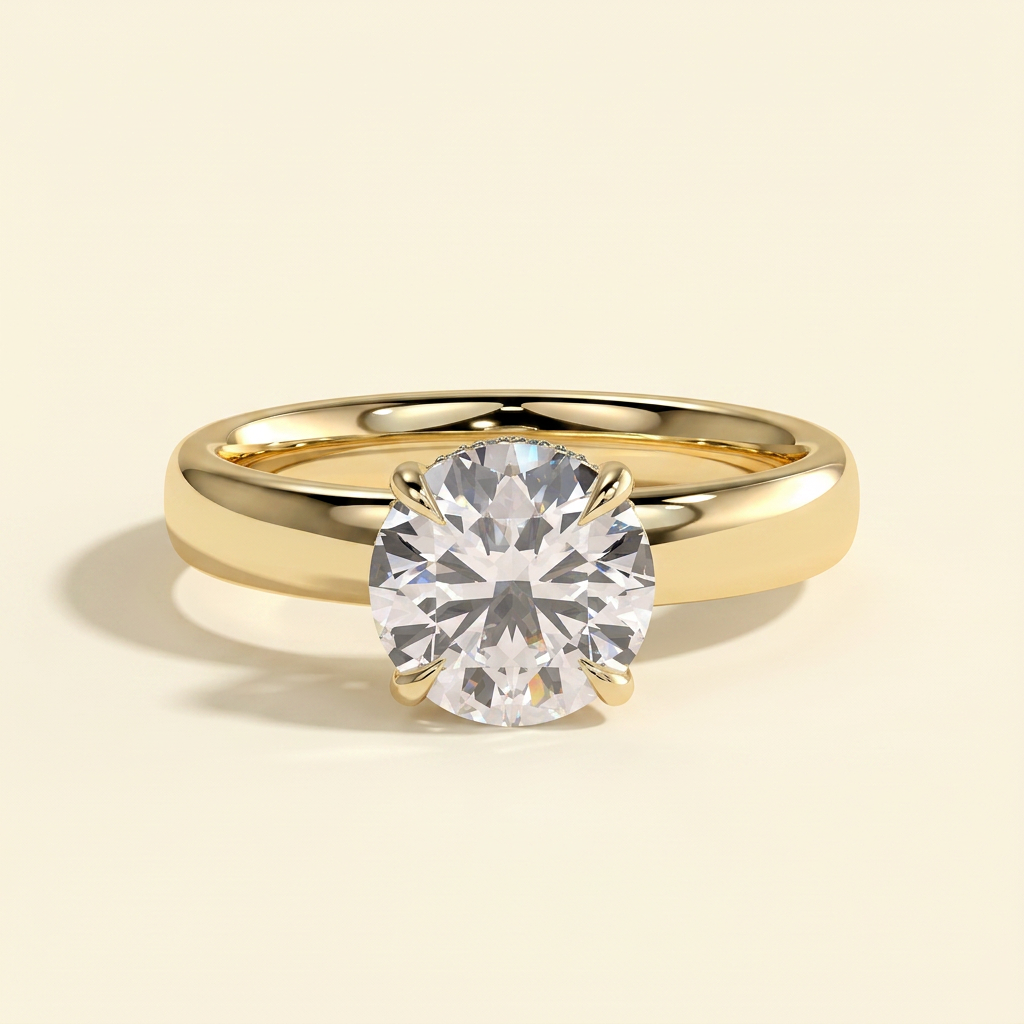 The Miela - Round Cut Lab Grown Diamond Four Claw Solitaire with Hidden Halo and Cigar Band Engagement Ring
