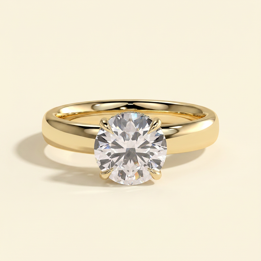 The Miela - Round Cut Lab Grown Diamond Four Claw Solitaire with Hidden Halo and Cigar Band Engagement Ring - Yellow Gold