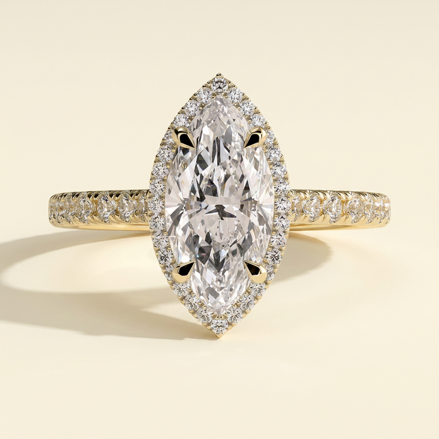 The Theia - Marquise Cut Lab Grown Diamond Eagle Claw Halo with Cathedral Arches and Pave Band Engagement Ring - Yellow Gold