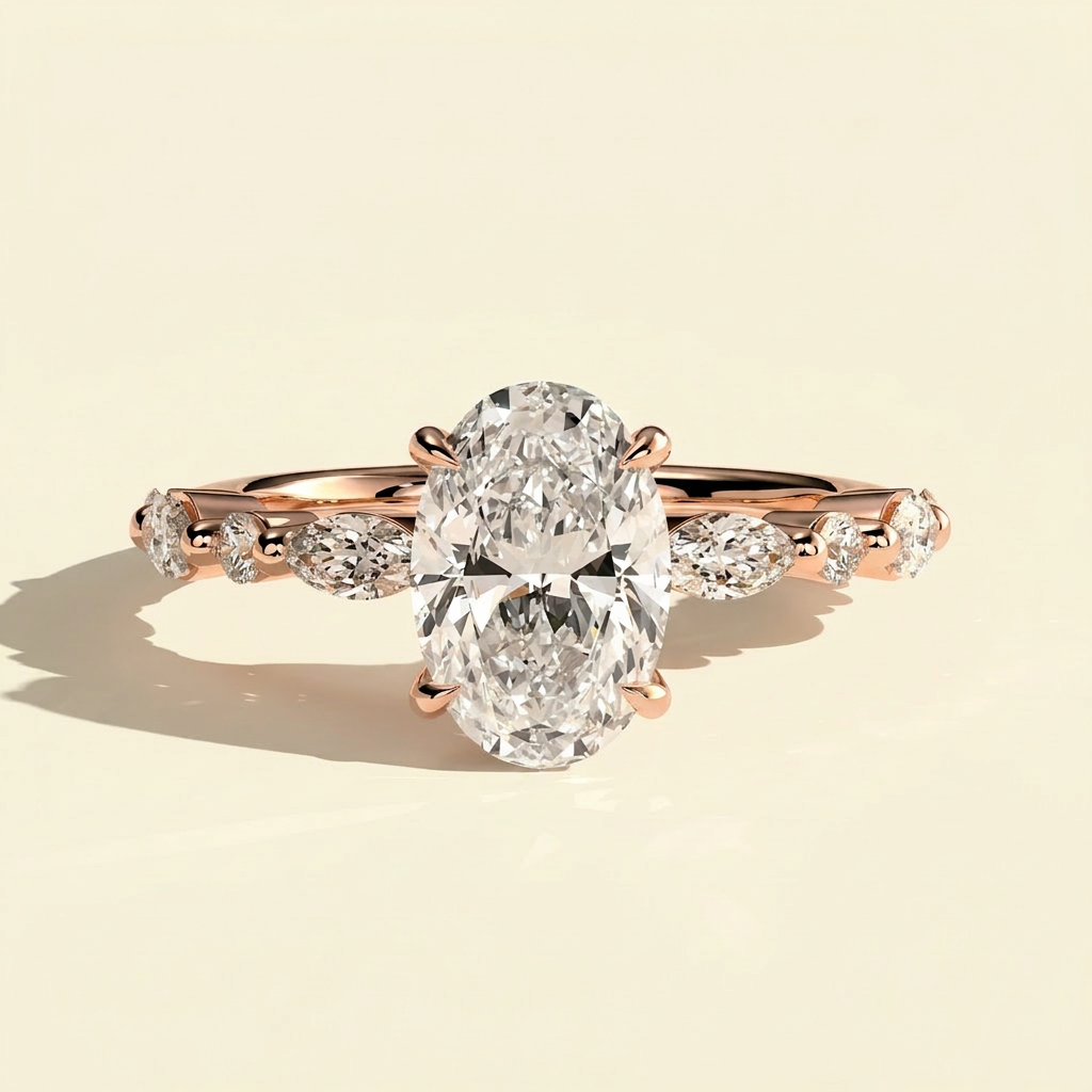 The Deva - Oval Lab Grown Diamond Ring with Marquise and Round Side Stones