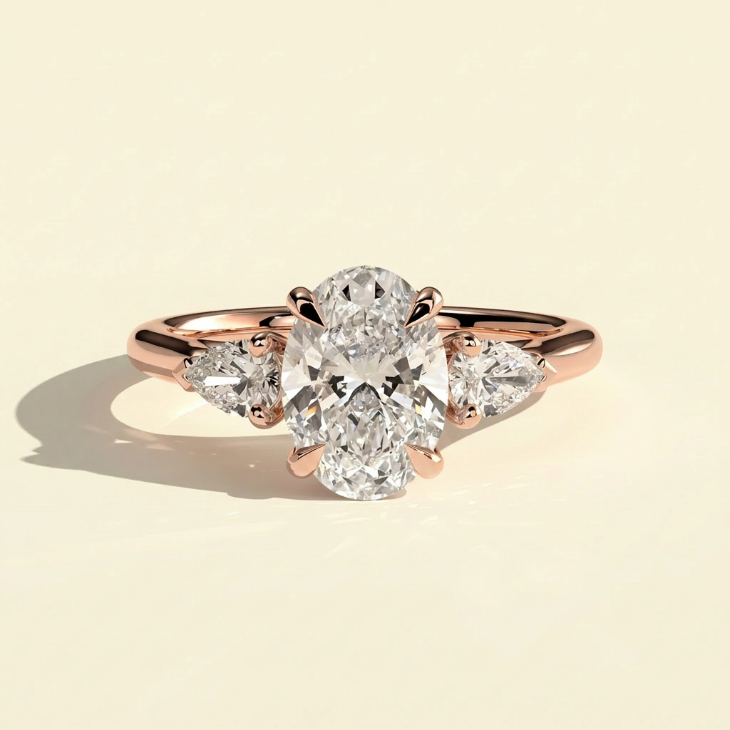 The Nevelle - Oval Lab Grown Diamond Cathedral Trilogy Ring with Pear Sides