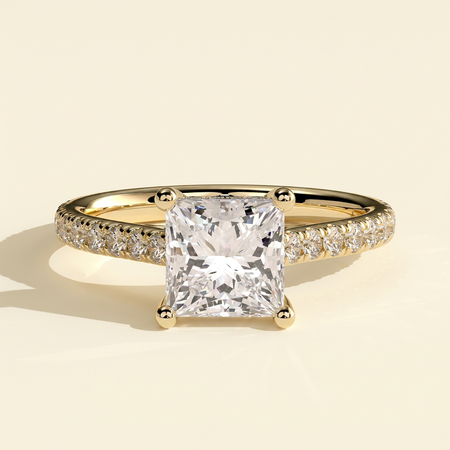 The Tivona - Princess Cut Lab Grown Diamond Four Claw Solitaire with Hidden Halo and Pave Band Engagement Ring - Yellow Gold