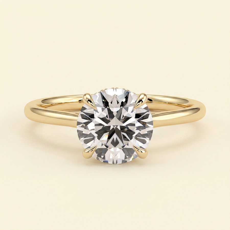 The Cara - Round Cut Lab Grown Diamond Hidden Halo Solitaire with Cathedral Setting Engagement Ring - Yellow Gold