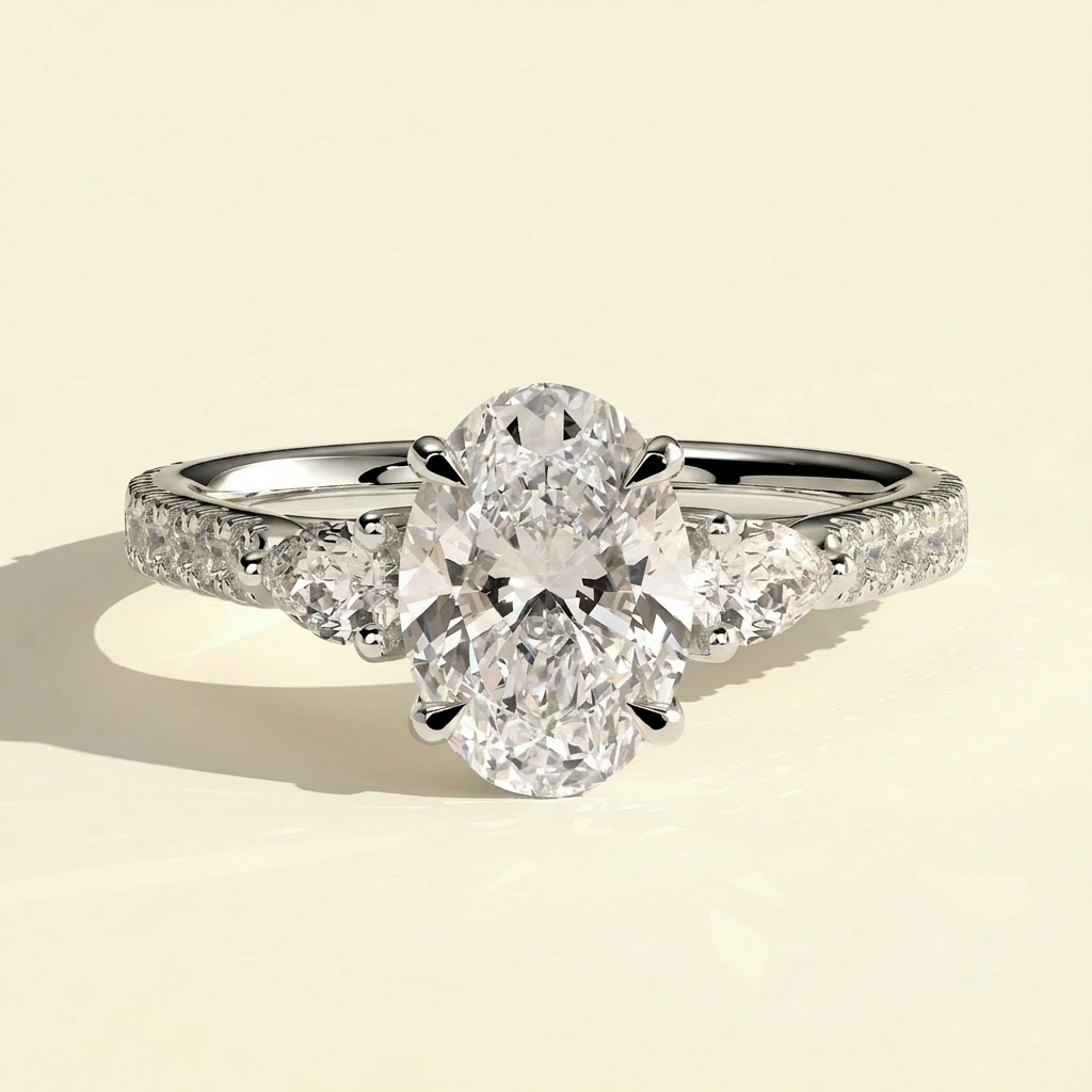 The Senara - Oval Cut Lab Grown Diamond Three Stone Ring with Pave Set Band