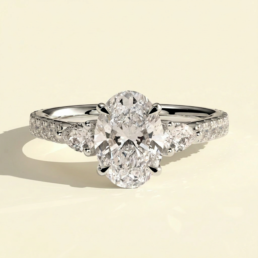 The Senara - Oval Cut Lab Grown Diamond Three Stone Ring with Pave Set Band - White Gold