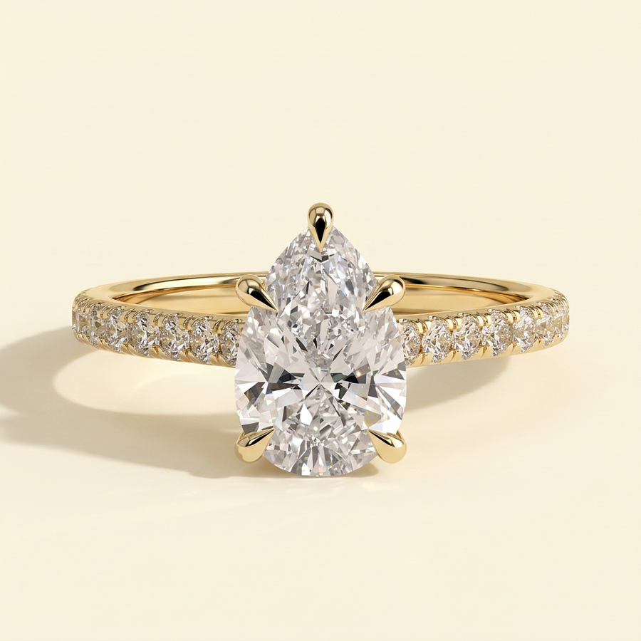 The Margaux - Pear Cut Lab Grown Diamond Five Claw Cathedral Solitaire with Pave Band Engagement Ring - Yellow Gold