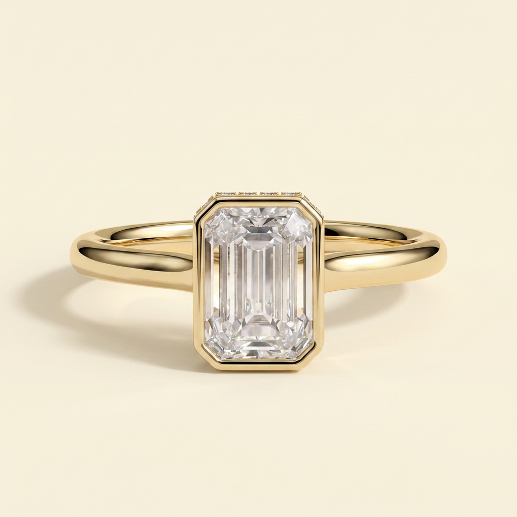 The Eviana - Emerald Cut Lab Grown Diamond Deep Bezel Solitaire with Hidden Halo and Cathedral High Setting Engagement Ring