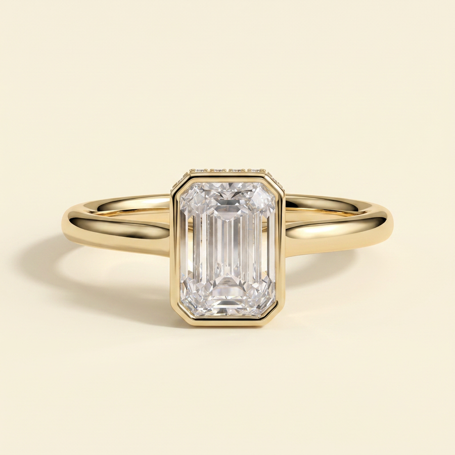 The Eviana - Emerald Cut Lab Grown Diamond Deep Bezel Solitaire with Hidden Halo and Cathedral High Setting Engagement Ring - Yellow Gold