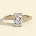 The Elenia - Radiant Cut Lab Grown Diamond Four Claw Solitaire with Hidden Halo and Pave Band Engagement Ring