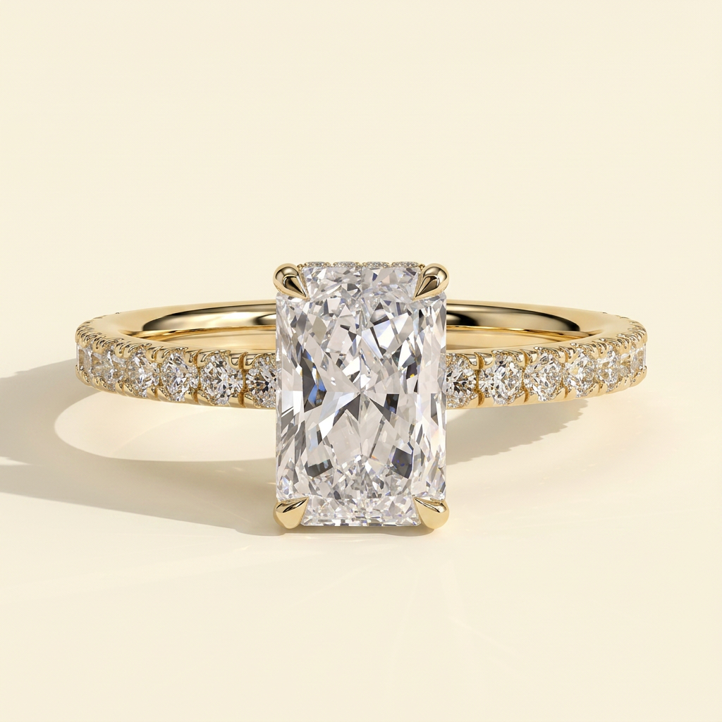 The Elenia - Radiant Cut Lab Grown Diamond Four Claw Solitaire with Hidden Halo and Pave Band Engagement Ring