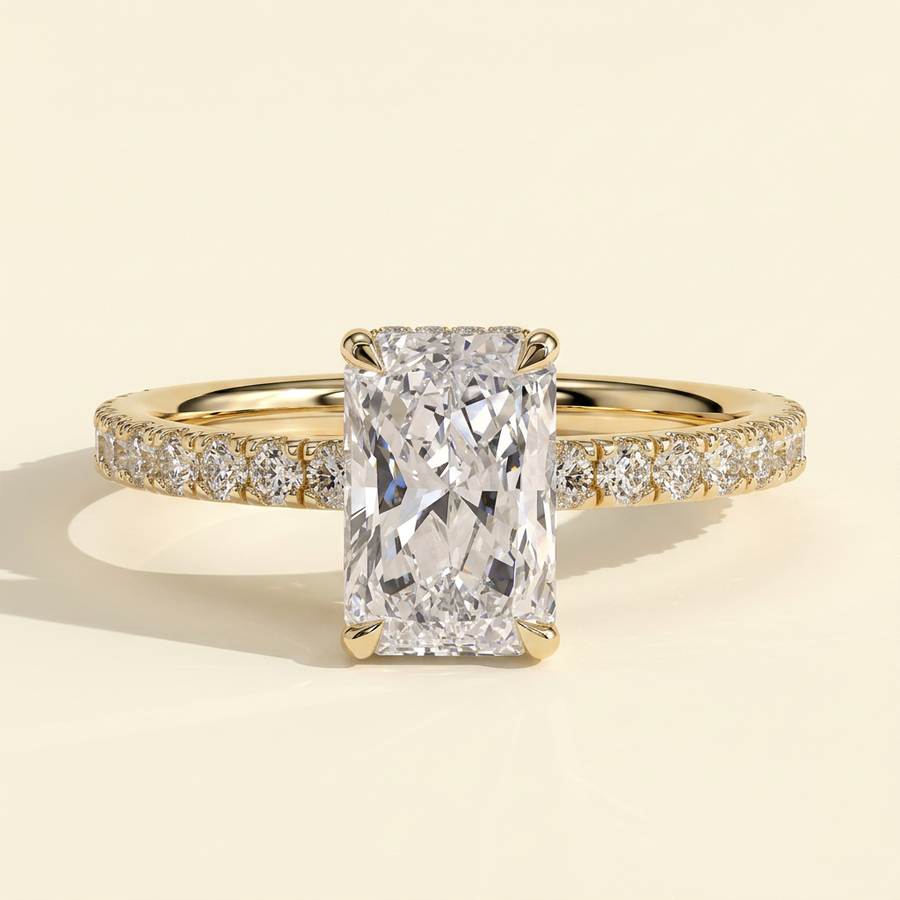 The Elenia - Radiant Cut Lab Grown Diamond Four Claw Solitaire with Hidden Halo and Pave Band Engagement Ring - Yellow Gold