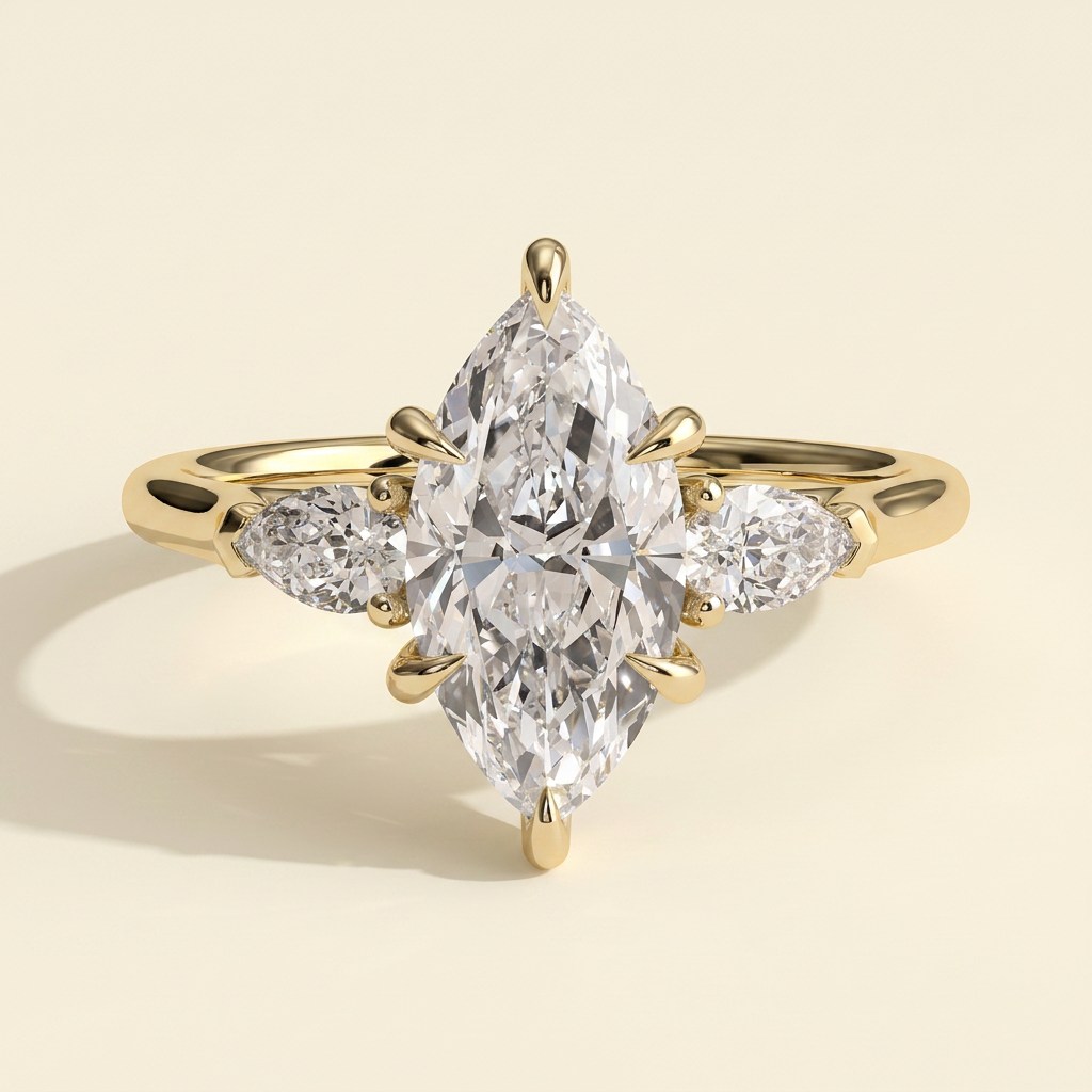 The Una - Marquise Lab Grown Diamond with Pear Side Stones and Cathedral Setting Ring