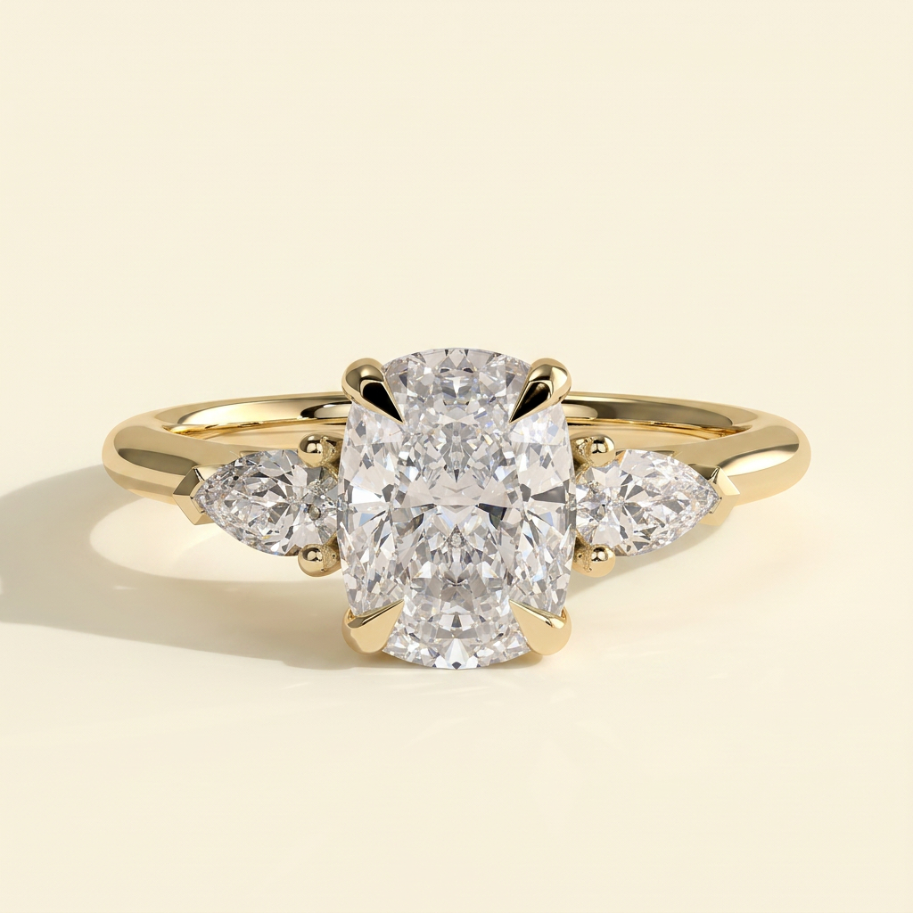 The Anella - Elongated Cushion Lab Grown Diamond Three Stone with Pear Side Stones Engagement Ring