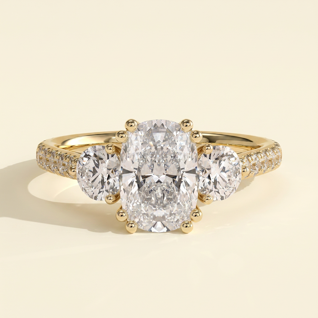 The Ivara - Elongated Cushion Cut Lab Grown Diamond Double Claw Three Stone with Pave Band and Cathedral Setting Engagement Ring