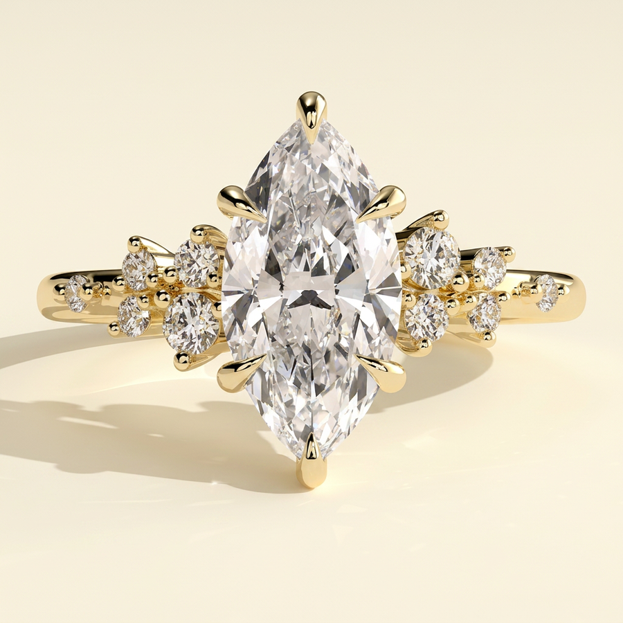 The Nova - Marquise Cut Lab Grown Diamond Basket Set Solitaire with Clustered Round Shoulder Stones Engagement Ring - Yellow Gold