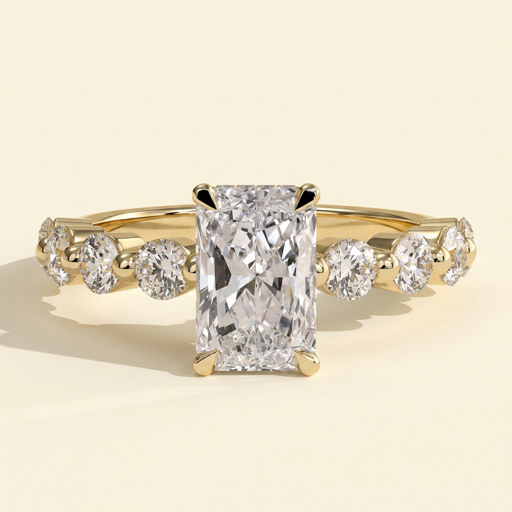 The Celia - Radiant Cut Lab Grown Diamond Four Claw Hidden Halo with Round Side Stones Engagement Ring