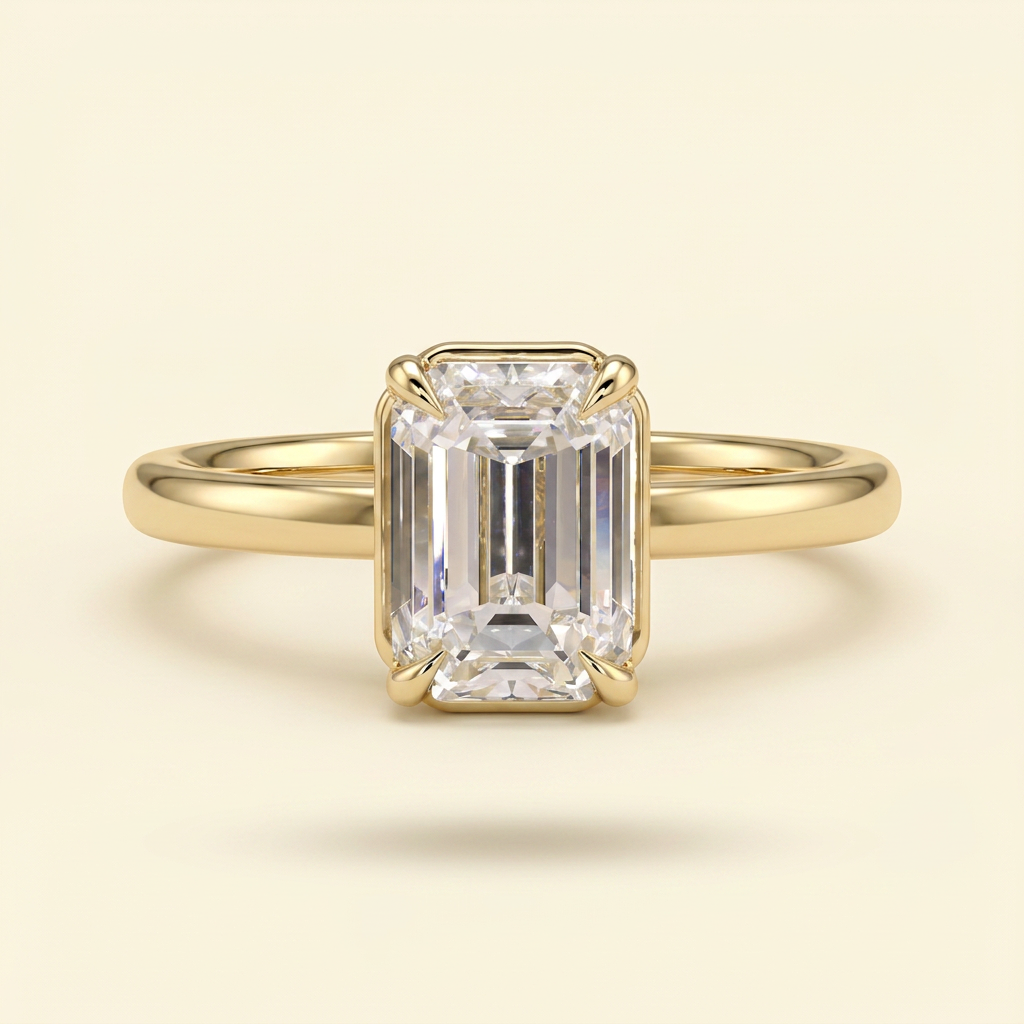 The Coralie - Emerald Cut Lab Grown Diamond Low Set Solitaire with Bezel Frame Engagement Ring