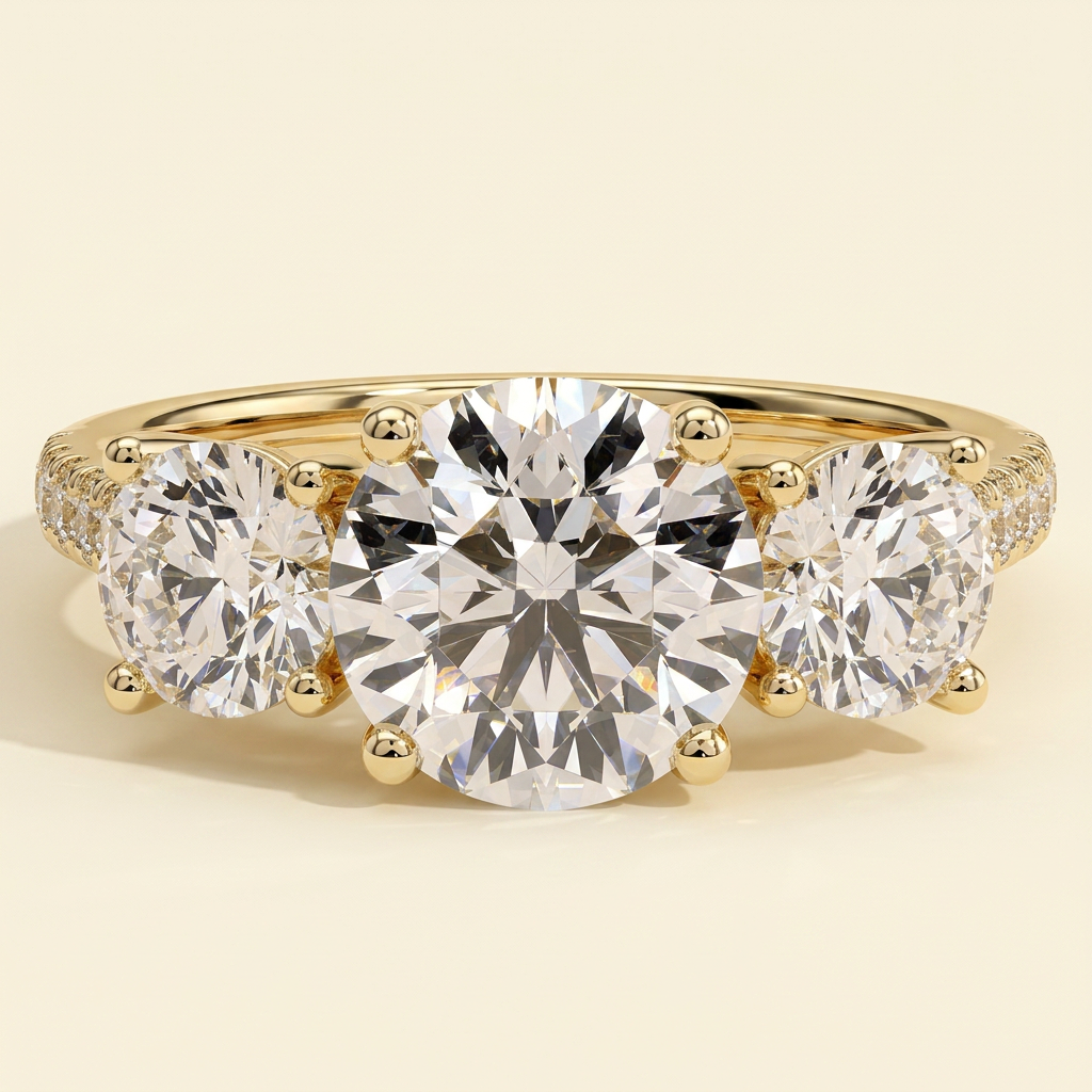 The Azure - Round Cut Lab Grown Diamond Three Stone with Round Side Stones and Pave Band Ring