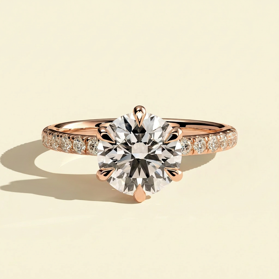 The Jaia - Six Claw Round Lab Grown Diamond Engagement Ring with Pave Band - Rose Gold