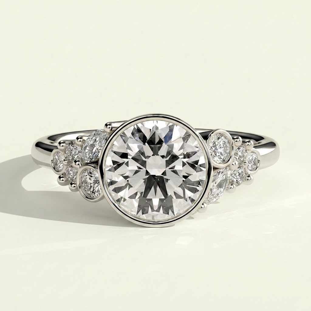 The Svea - Bezel Set Round Lab Grown Diamond Ring with Clustered Accents