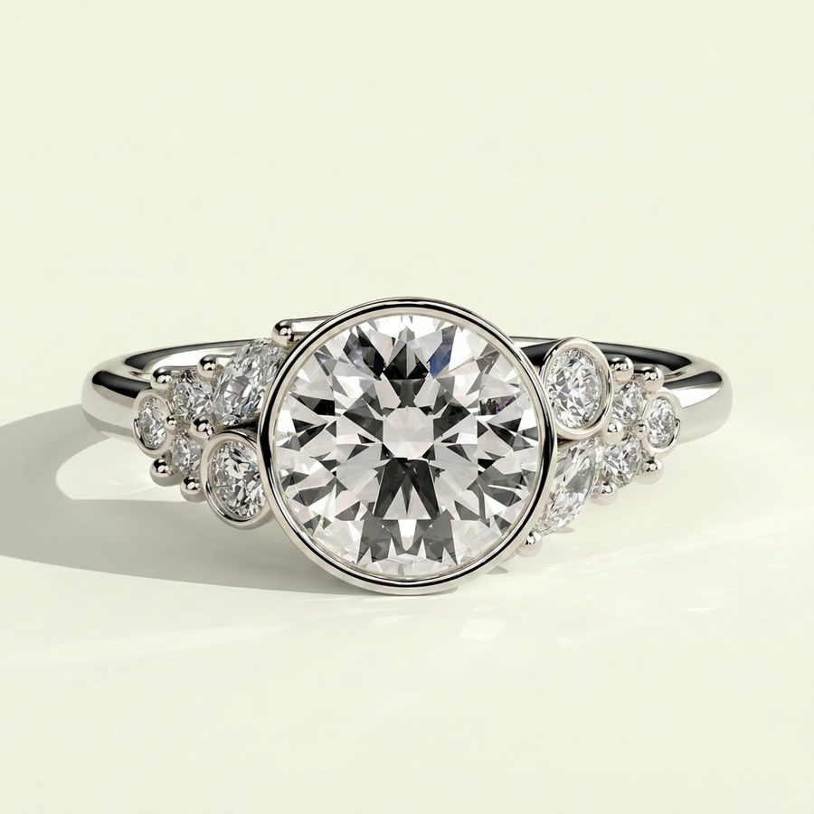 The Svea - Bezel Set Round Lab Grown Diamond Ring with Clustered Accents - White Gold
