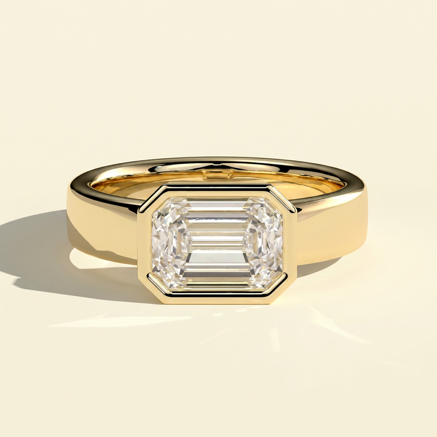 The Jules - East West Emerald Cut Lab Grown Diamond Bezel Engagement Ring - Yellow Gold